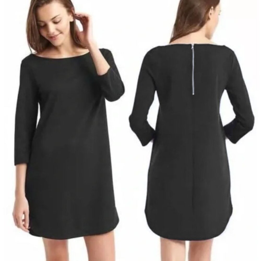 Gap 3/4 Sleeve Ponte Sheath Boatneck Curved Shirttail Hem Dress S Black